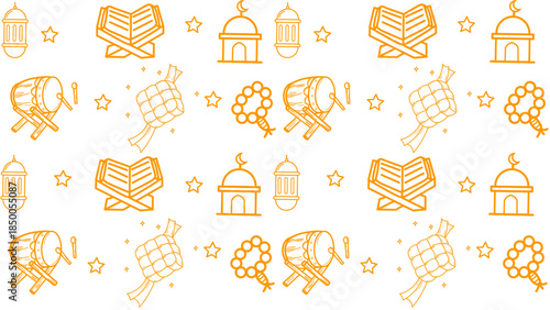 Ketupat rice dumpling asian traditional food, hand drawn of for Eid Al-Fitr, indonesian traditional food, Seamless patern islamic icon set outline. Hand-drawn doodle ketupat "Happy Eid Mubarak"