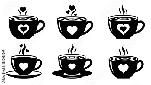Hot Beverage Cups Icon Set – Black Silhouettes of Steaming Drinks with Heart-Shaped Vapor, Coffee and Tea Symbols, Comfort and Relaxation Vector Illustration Collection