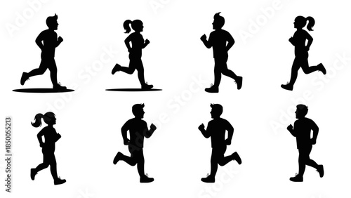 Running People Silhouettes Icon Set – Men and Women Jogging, Side View Athletic Figures, Sport Activity, Physical Training Vector Illustration Collection