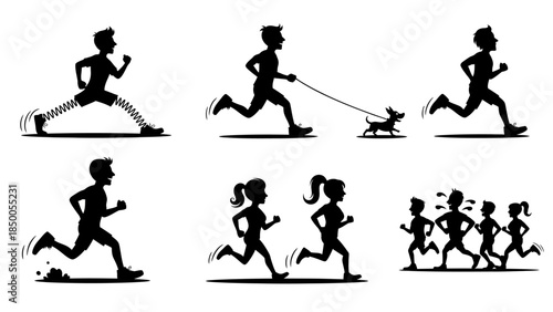 Fitness Activities Icon Set – Athletic People Running and Jogging Silhouettes, Outdoor Exercise, Physical Training and Healthy Lifestyle Vector Collection