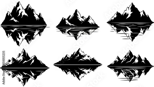 Mountain Peaks Reflected in Water Icon Set – Black and White Vector Snow-Capped Mountains, Nature Landscape, Wilderness Adventure and Outdoor Travel Symbols
