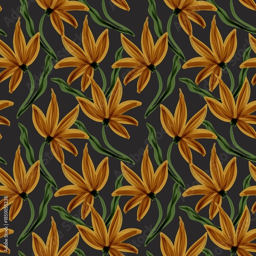 Seamless hand-painted floral pattern with stylized yellow flowers, green stems, and a clean black background, ideal for textiles, wallpapers, and surface design.