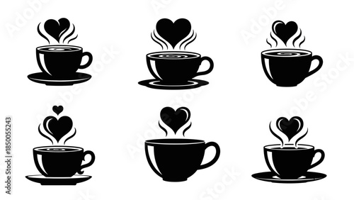 Coffee Cup Love Icon Set – Black Silhouette Hot Drink Mugs with Heart Steam, Cafe Romance and Beverage Symbols Collection
