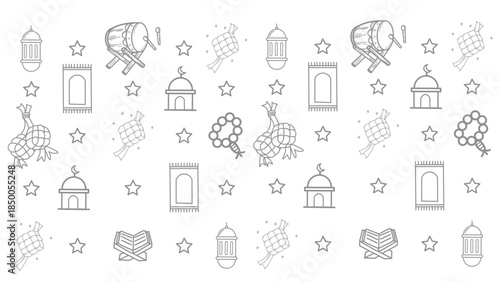 Ketupat rice dumpling asian traditional food, hand drawn of for Eid Al-Fitr, indonesian traditional food, Seamless patern islamic icon set outline. Hand-drawn doodle ketupat "Happy Eid Mubarak"