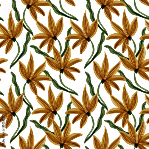 Seamless hand-painted floral pattern with stylized yellow flowers, green stems, and a clean white background, ideal for textiles, wallpapers, and surface design.