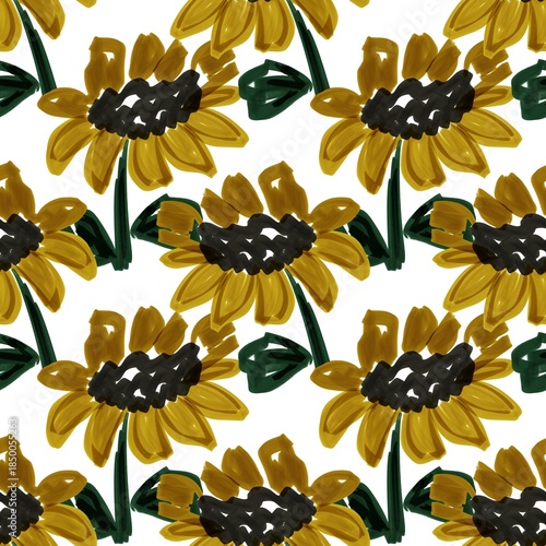Иллюстрация без названияSeamless hand-painted sunflower pattern with expressive yellow petals, dark centers, and green leaves on a white background, ideal for textiles, wallpapers, and surface design.
