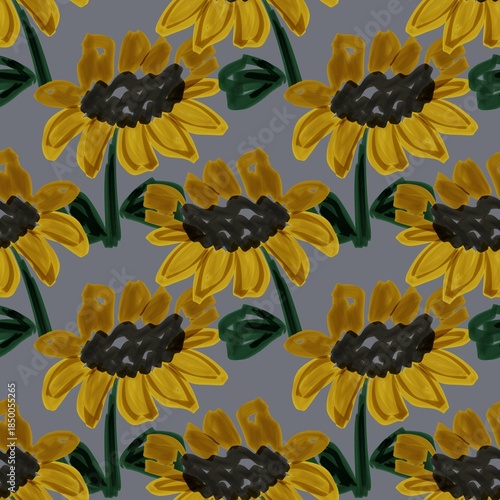 Seamless hand-painted sunflower pattern with expressive yellow petals, dark centers, and green leaves on a grey background, ideal for textiles, wallpapers, and surface design.