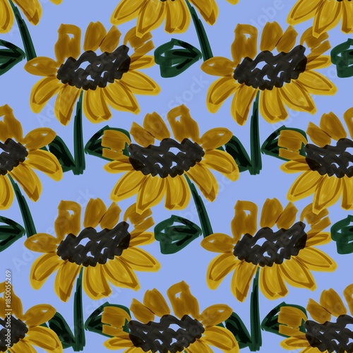 Seamless hand-painted sunflower pattern with expressive yellow petals, dark centers, and green leaves on a blue background, ideal for textiles, wallpapers, and surface design.
