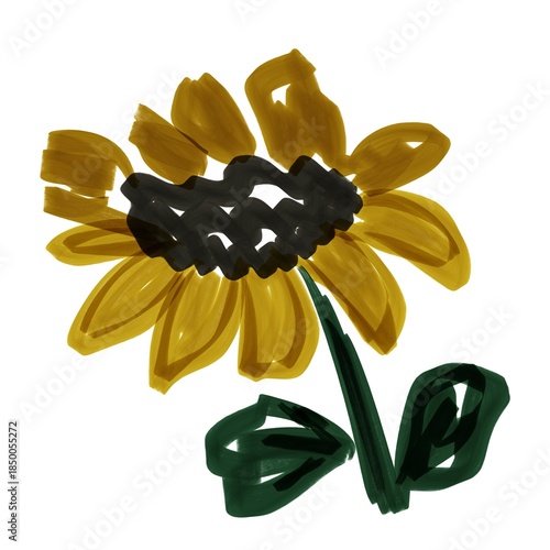 Hand-painted sunflower pattern with expressive yellow petals, dark centers, and green leaves on a white background, ideal for textiles, wallpapers, and surface design.