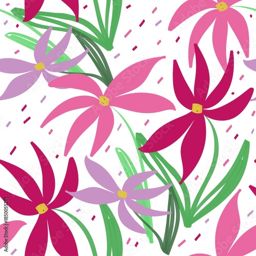 Seamless hand-drawn floral pattern with stylized pink and magenta flowers, green leaves, and a clean white background, perfect for textiles and wallpapers.