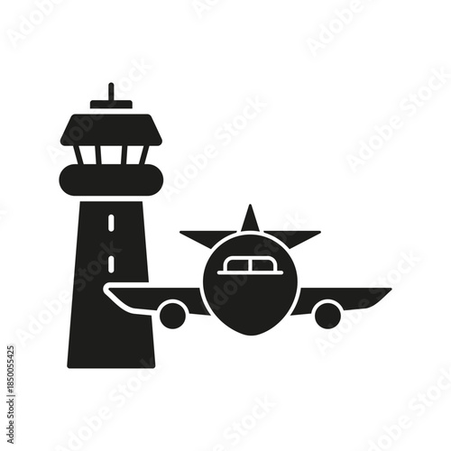 Airport Control Tower With Airplane Solid Icon. Aviation, Flight Monitoring, And Air Traffic Management Silhouette Symbol. Aeronautical Infrastructure. Isolated Vector Illustration