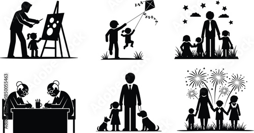 Happy family silhouette collection, parents and children activities, art, play, learning, bonding, celebration, fatherhood, motherhood, childhood, love, togetherness, parenting, 