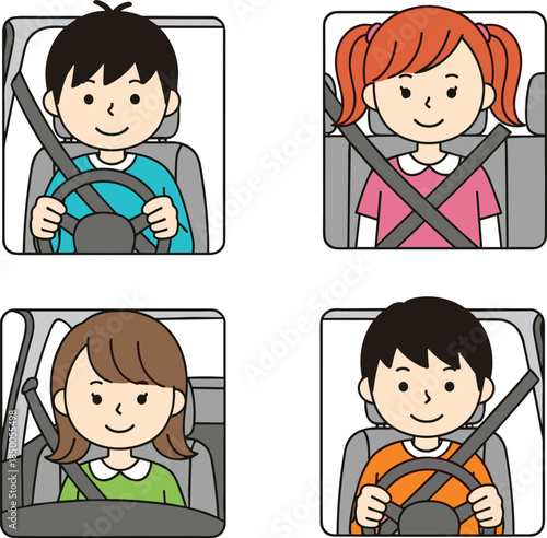 Happy cartoon children wearing seat belts in car seats, child safety illustration, family transportation concept, kids driving education vector for road travel protection awareness