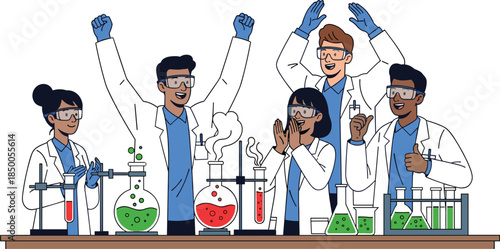 Happy, diverse, scientists, celebrating, laboratory, success, teamwork, research, innovation, chemistry, experiment, discovery, science, lab, illustration, education, teamwork, 