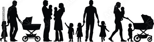 Happy, family, silhouettes, with, parents, children, baby, stroller, walking, together, isolated, black, icons, for, parenting, lifestyle, childhood, love,