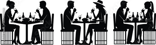 Silhouette couples dining at restaurant tables, romantic dinner conversation, modern cafe lifestyle illustration, people eating together, date night concept, social relationship meeting vector design