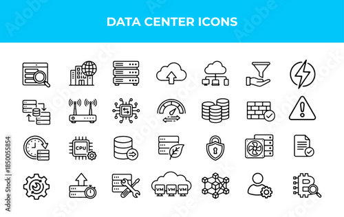 Data Center and Web Hosting Icon Set. Linear Vector Collection of Servers, Cloud Storage, Virtualization, and Network Infrastructure.
