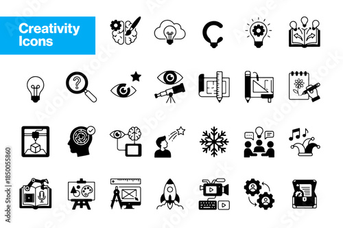 Creativity and Design Icon Set. Solid Vector Collection of Innovation, Ideas, Art, and Imagination Symbols.