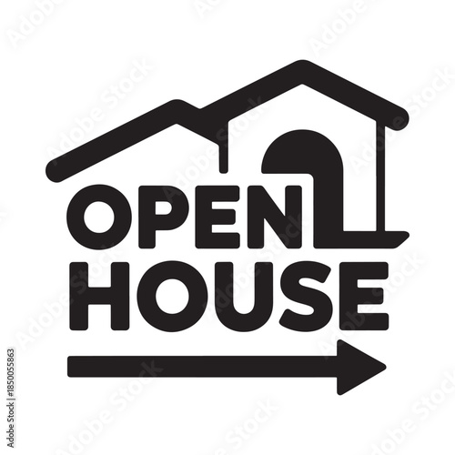 Open house sign with arrow pointing right a house silhouette included