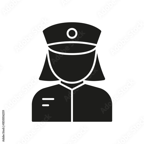 Female Airline Pilot Solid Icon. Aviation Career, Pilot Uniform, And Air Travel Profession Silhouette Symbol. Professional Pilot Attire. Isolated Vector Illustration