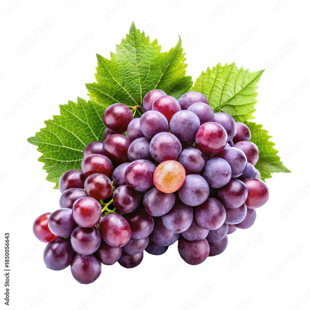 Fototapeta premium A vibrant and luscious bunch of plump, dark red grapes with a single pale yellow grape nestled within, accompanied by several bright green, textured vine leaves,, isolated on transparent background.