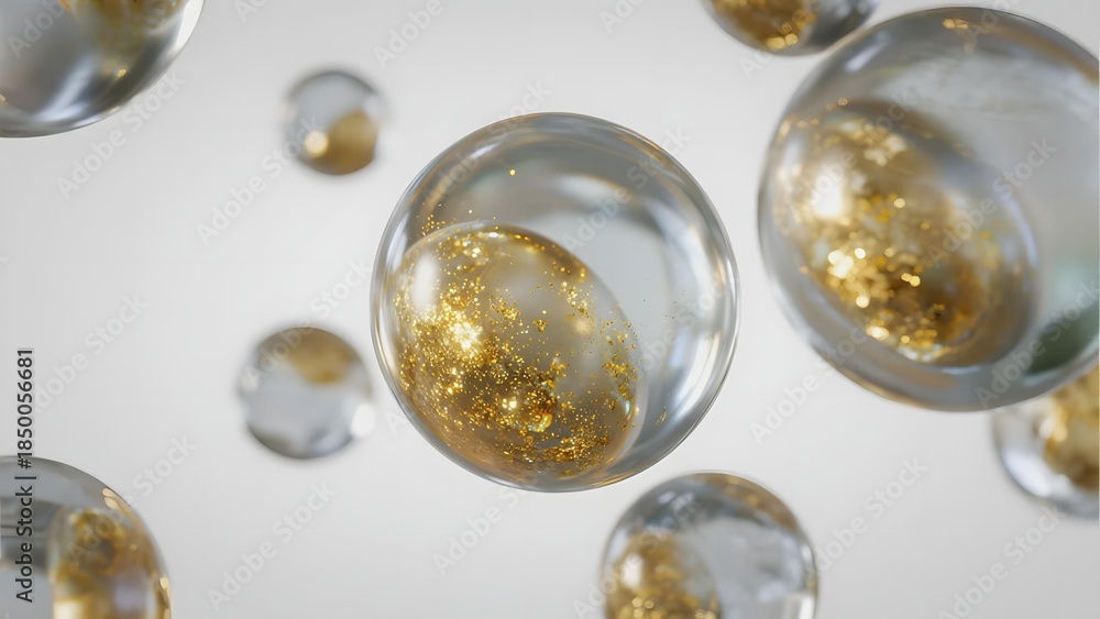 Fototapeta premium Transparent spheres with golden glitter floating against a light background