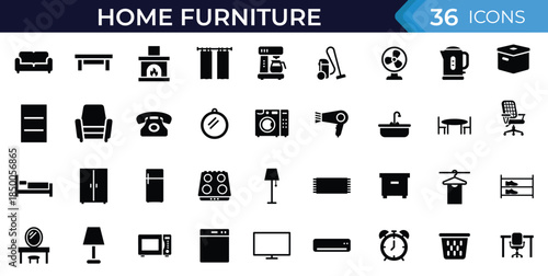 Home furniture outline solid icon set. Various home furniture appliance and decoration symbols, editable stroke line art collection