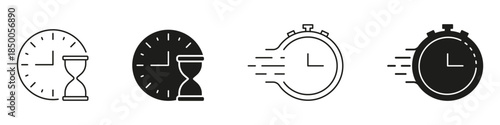 Clock And Hourglass With Stopwatch Icon Set. Time Management, Efficiency, And Deadline Tracking Outline And Silhouette Symbol Collection. Speed And Precision Concept. Isolated Vector Illustration