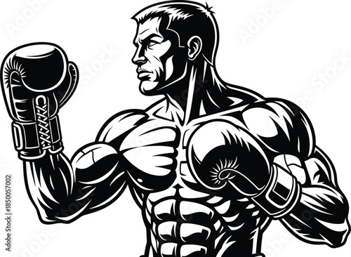 Muscular boxer illustration, fighting stance, black and white, boxing gloves, athletic physique, strength, combat sport, bold lines, fitness, motivation