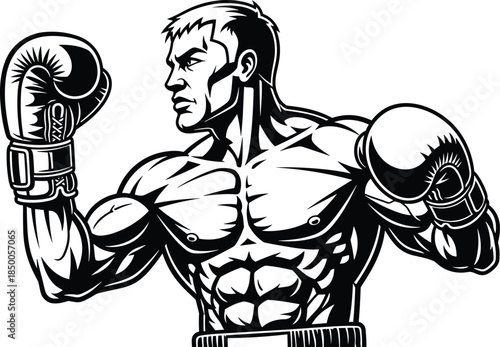 Muscular male boxer, fighting stance, black and white illustration, boxing gloves, athletic physique, combat readiness, fitness, strength, graphic style, bold