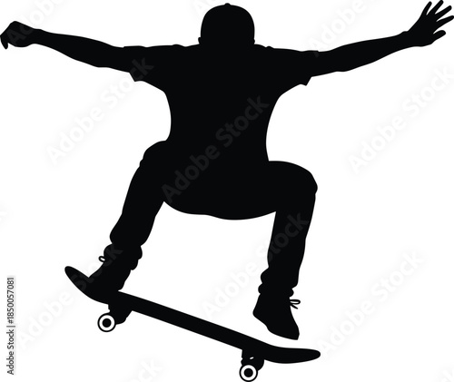 Skateboarder silhouette, airborne trick, black figure, dynamic motion, extreme sport, youth culture, balance, athleticism, skateboarding jump, minimal style, urban energy