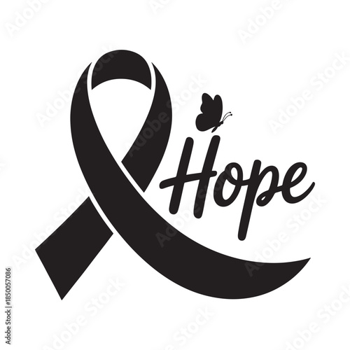 A black ribbon with the word hope and a butterfly illustration