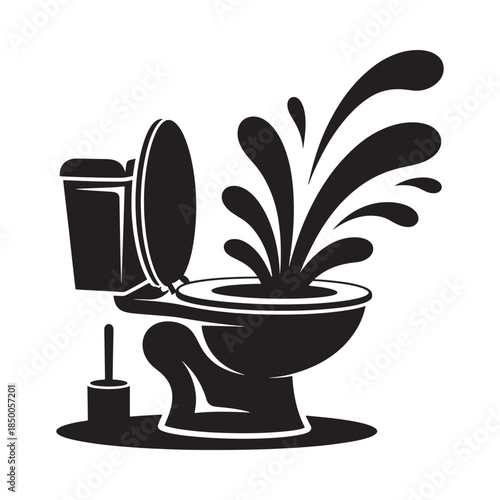 Overflowing toilet with splashing water and nearby cleaning brush illustration