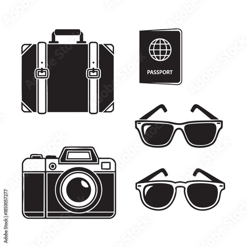 Travel accessories and essentials collection with suitcase passport camera and sunglasses for vacation or trip preparations