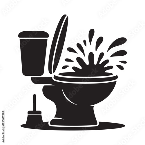 Overflowing toilet with splash and cleaning brush in a black and white illustration