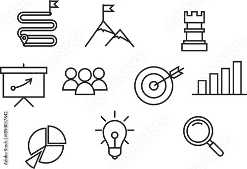 Modern vector line icons representing essential business concepts, including strategic planning, goal achievement, teamwork, data analysis, and innovative solutions for growth and success