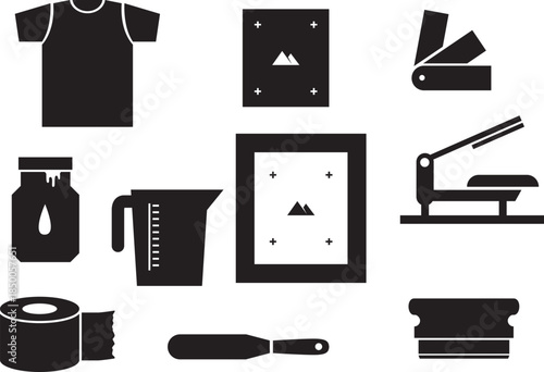 Essential screen printing tools and equipment for textile and graphic crafts. A comprehensive collection featuring frames, squeegees, inks, and presses for creative projects