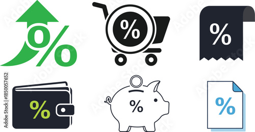 Financial icons with percentage signs and shopping cart