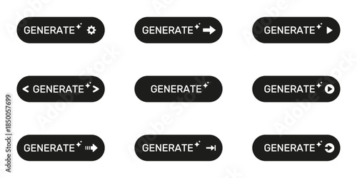 Generate Button Icon Set. Interactive User Interface Elements For Web And App Design Silhouette Symbol Collection. Includes Arrows, Gears, And Play Symbols. Isolated Vector Illustration
