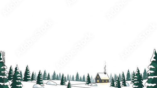 Charming winter scene with a cozy cabin nestled amongst snow-covered pine trees under a bright sky
