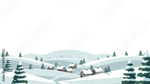Charming winter village nestled among snow-covered hills and evergreen trees, depicting a serene and peaceful frosty landscape scene with cozy houses under a clear sky