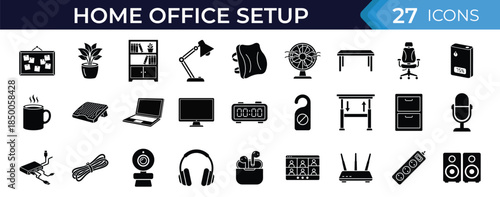 Home office setup solid icons set. Workspace furniture, technology devices, productivity tools for remote work, business office concepts, app and web design collection
