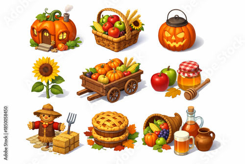 Harvest Festival Isometric Icons Set with Pumpkin, Sunflower, Apples and Fairy-Tale Elements