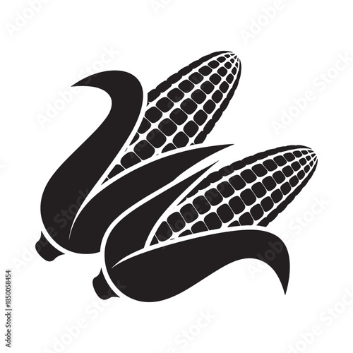 Black and white illustration of two corn cobs with green husks