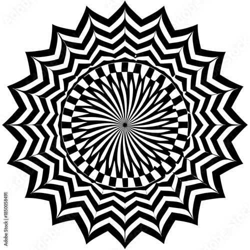 An engaging black and white optical illusion featuring a mesmerizing radial starburst pattern