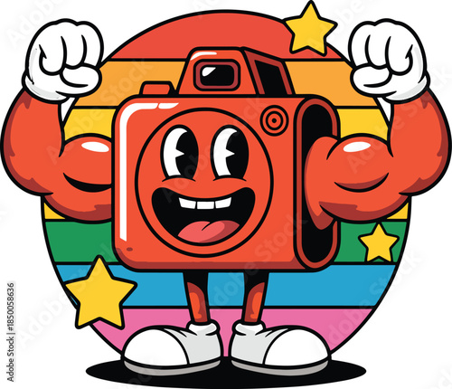 Cartoon camera character flexing muscles with colorful striped background retro vintage