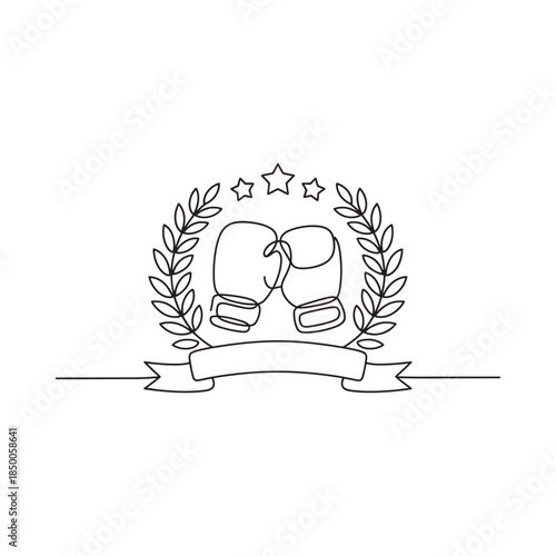 Line art illustration of boxing gloves framed by a laurel wreath and stars