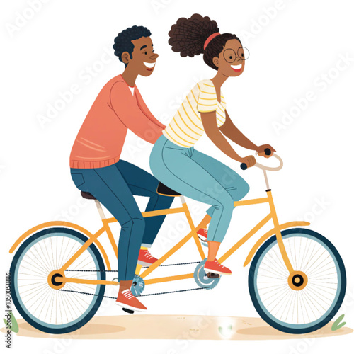 A couple riding a tandem bicycle clipart, white background