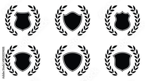 Set of six black silhouette circular laurel wreaths with blank shields. Shield with Laurel Wreath Icon. Collection of classic black shield icons, laurel wreaths.