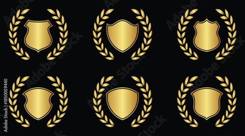 Set of six golden silhouette circular laurel wreaths with blank shields. Shield with Laurel Wreath Icon. Collection of classic golden shield icons, laurel wreaths.